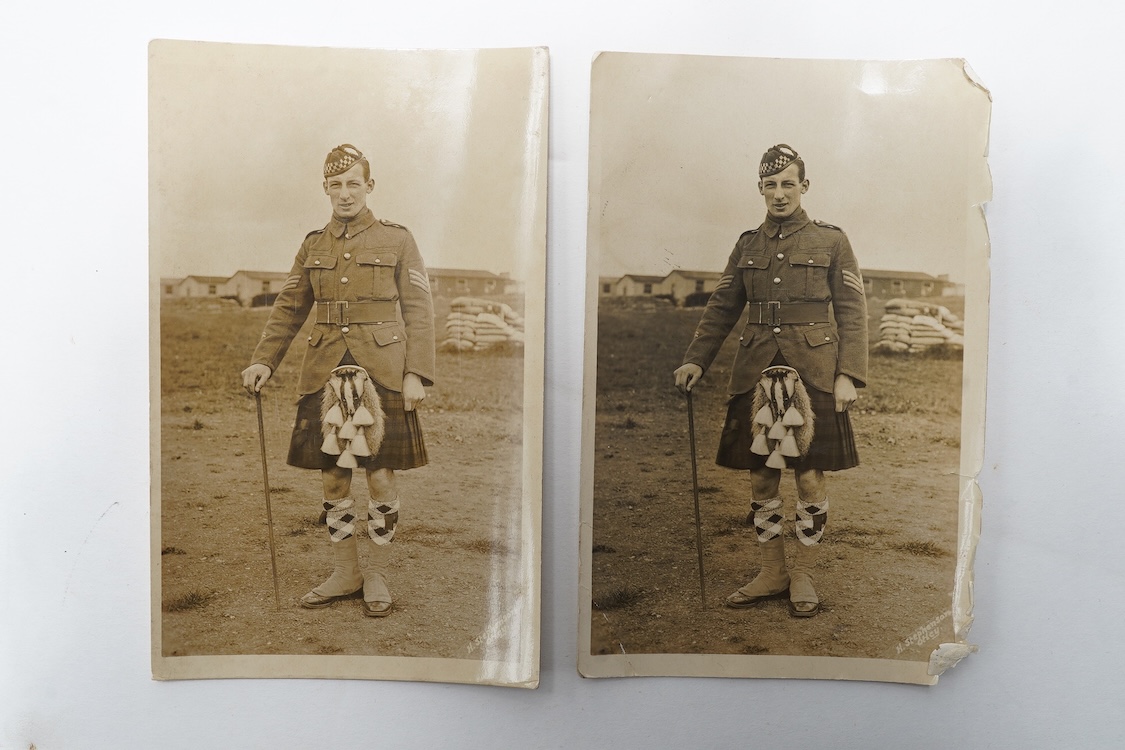 A First World War medal trio awarded to 2140 SJT. G. Watson. Argyll and Sutherland Highlanders, together with the related cap badge and two photographs of Watson in Highlanders uniform and printed as postcards